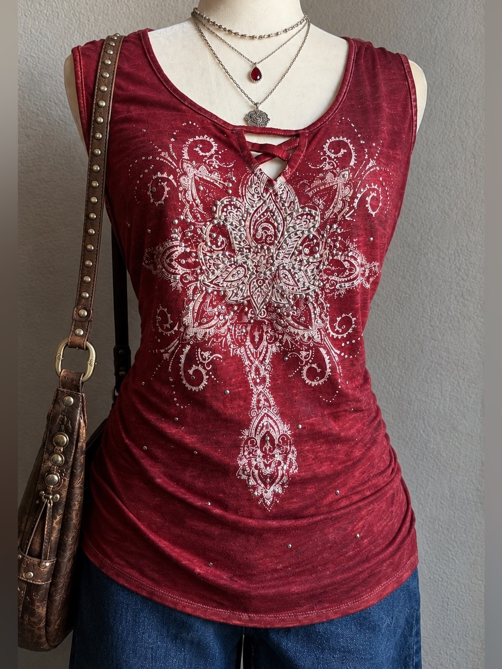 Y2K Burgundy Rhinestone Graphic Ruched Lace Up Tank Top